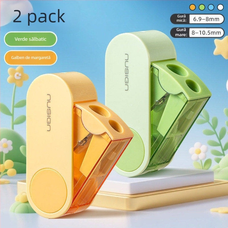 Deli ascuțitor de creioane cu două găuri, rotativ, manual, portabil, din plastic