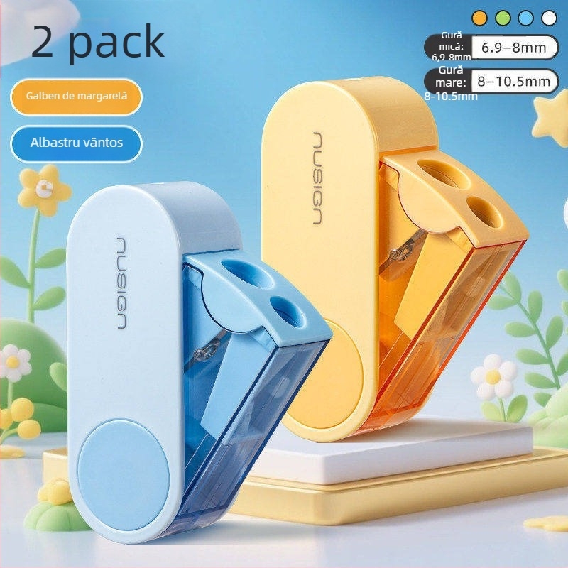 Deli ascuțitor de creioane cu două găuri, rotativ, manual, portabil, din plastic