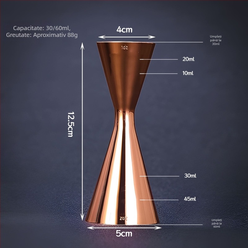 Cană de măsurare pentru cocktailuri din oțel inoxidabil 304, capete duale, măsurare în uncii, design unic, stil minimalist modern, lansare 2018, greutate 100
