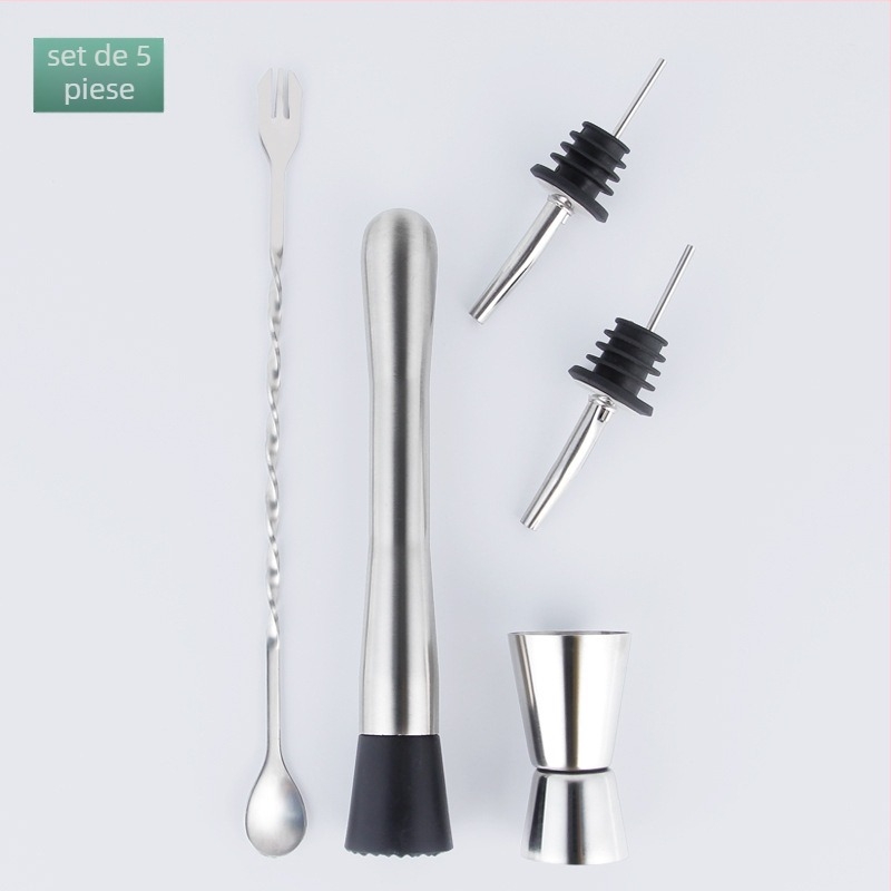 Set bar din oțel inoxidabil cu unelte pentru cocktail — lingură de amestec, căni de măsurare, turnătoare de vin, paie, deschizătoare de sticle; disponibil în 2/3/5/8/9 piese; lansat vara 2024.
