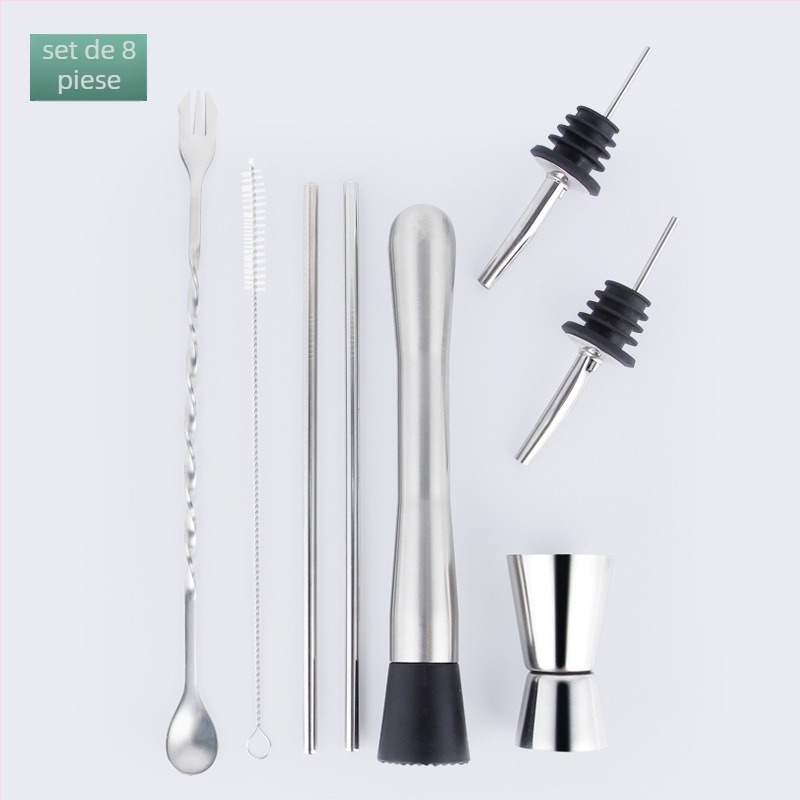 Set bar din oțel inoxidabil cu unelte pentru cocktail — lingură de amestec, căni de măsurare, turnătoare de vin, paie, deschizătoare de sticle; disponibil în 2/3/5/8/9 piese; lansat vara 2024.