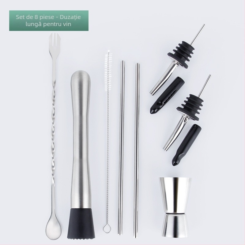Set bar din oțel inoxidabil cu unelte pentru cocktail — lingură de amestec, căni de măsurare, turnătoare de vin, paie, deschizătoare de sticle; disponibil în 2/3/5/8/9 piese; lansat vara 2024.