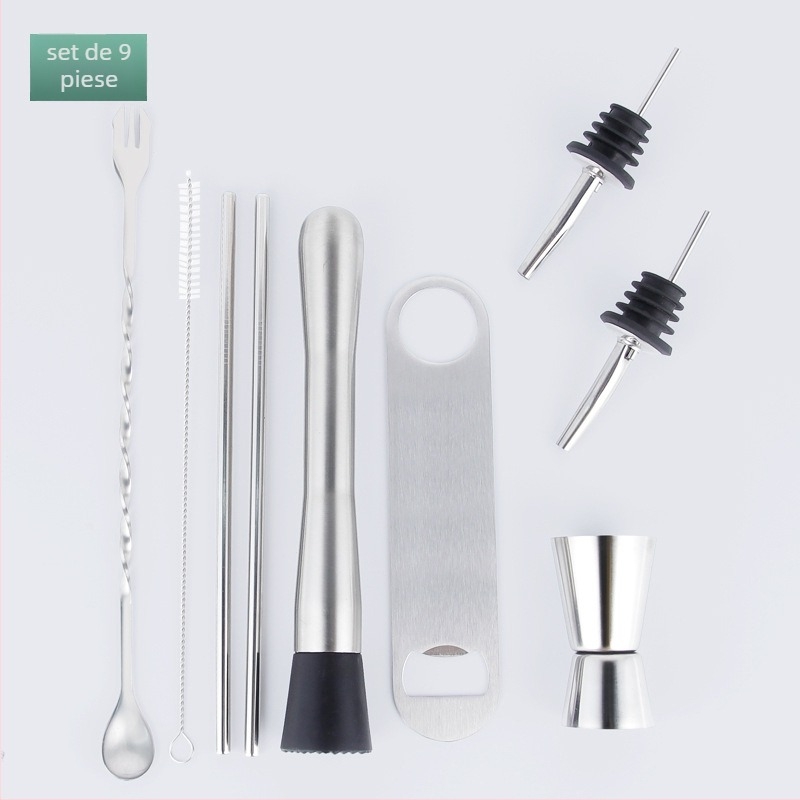 Set bar din oțel inoxidabil cu unelte pentru cocktail — lingură de amestec, căni de măsurare, turnătoare de vin, paie, deschizătoare de sticle; disponibil în 2/3/5/8/9 piese; lansat vara 2024.