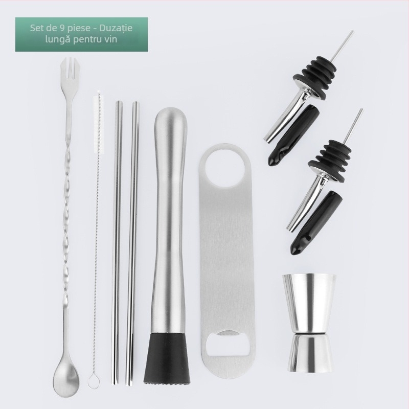 Set bar din oțel inoxidabil cu unelte pentru cocktail — lingură de amestec, căni de măsurare, turnătoare de vin, paie, deschizătoare de sticle; disponibil în 2/3/5/8/9 piese; lansat vara 2024.