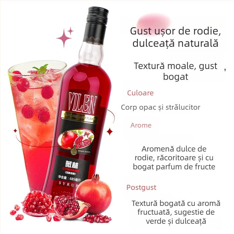 Lichior cu aromă de rodie, alcool redus, ambalaj sigilat, păstrare la temperatura ambientală