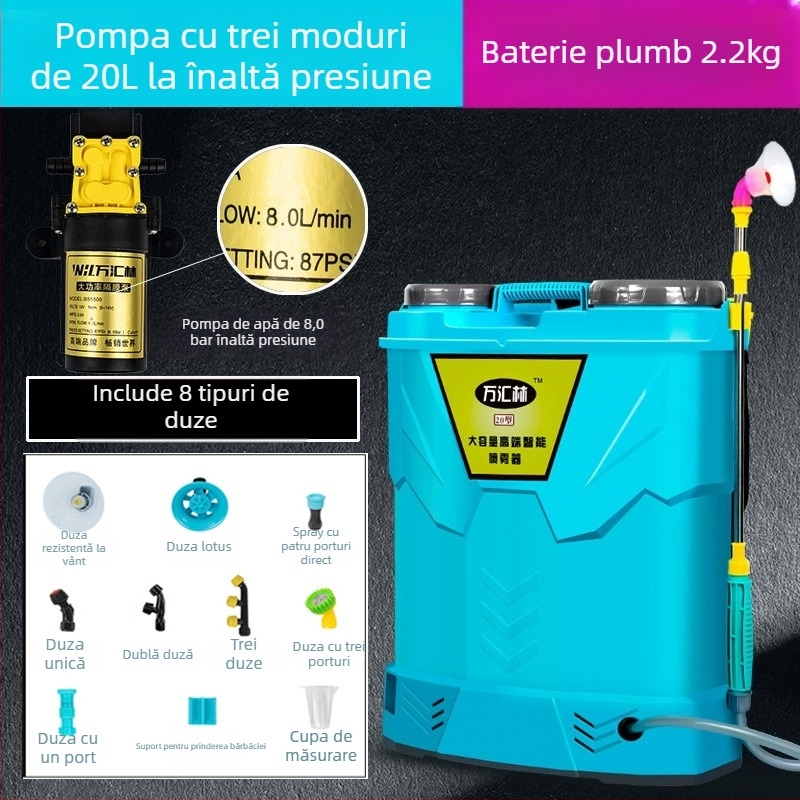 Pulverizator rucsac pentru protecția plantelor, cu capac dublu, întrerupător triplu, baterie litiu, presiune înaltă, 20L