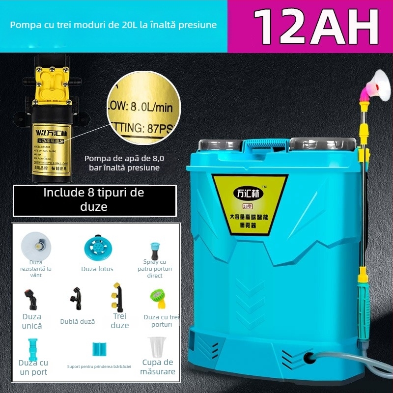 Pulverizator rucsac pentru protecția plantelor, cu capac dublu, întrerupător triplu, baterie litiu, presiune înaltă, 20L