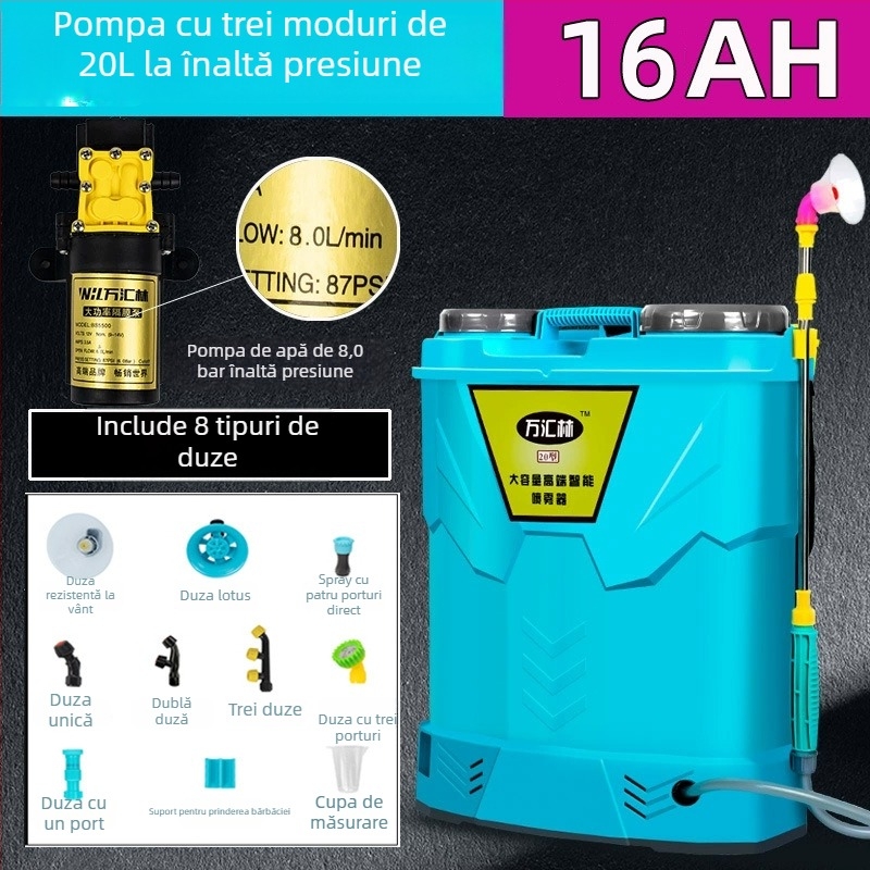 Pulverizator rucsac pentru protecția plantelor, cu capac dublu, întrerupător triplu, baterie litiu, presiune înaltă, 20L