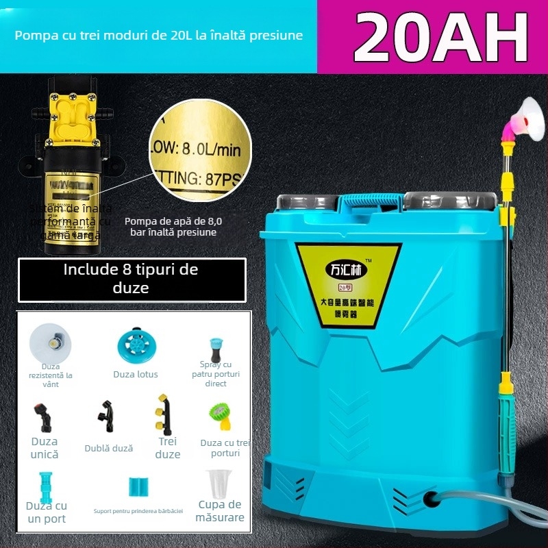 Pulverizator rucsac pentru protecția plantelor, cu capac dublu, întrerupător triplu, baterie litiu, presiune înaltă, 20L