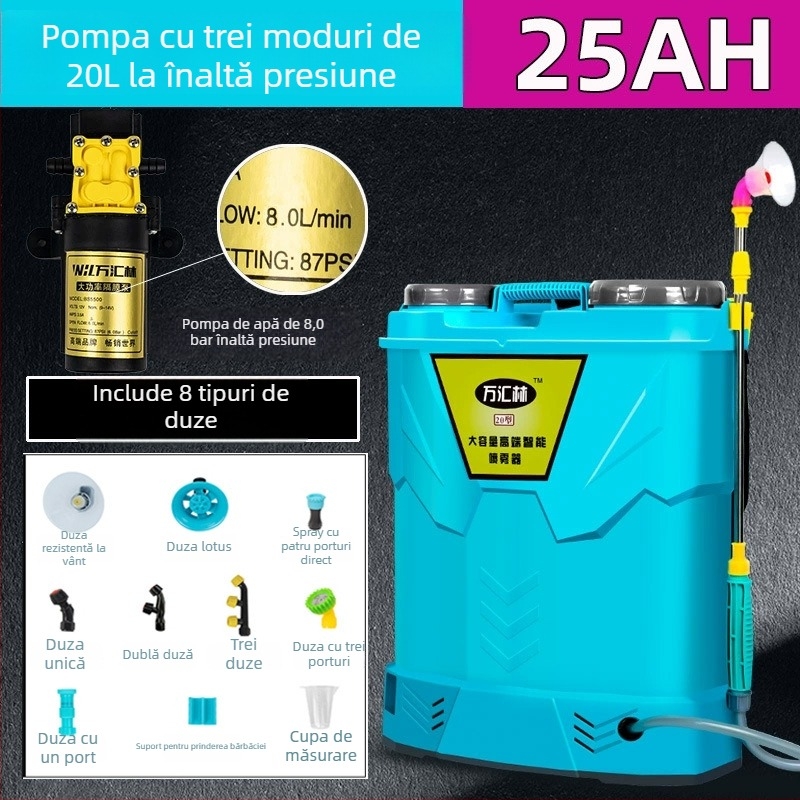 Pulverizator rucsac pentru protecția plantelor, cu capac dublu, întrerupător triplu, baterie litiu, presiune înaltă, 20L