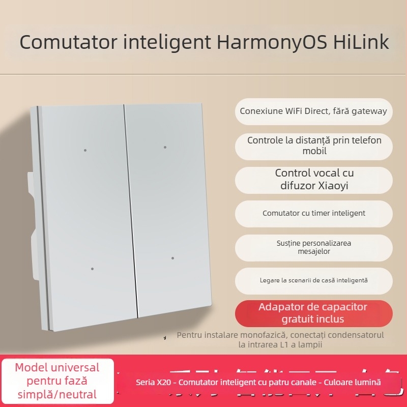 HiLink panou inteligent de întrerupătoare, patru canale, panou PC rezistent la temperaturi înalte, telecomandă wireless și control vocal pentru întreaga casă