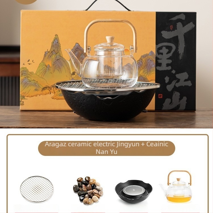 Set ceramic pentru ceai cu plită electrică pentru uz casnic — glazură Celadon, funcție de fierbere, include ceainic și accesorii pentru ceai, ambalaj cadou, pachet de 6