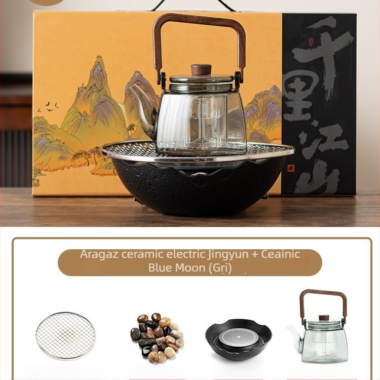 Set ceramic pentru ceai cu plită electrică pentru uz casnic — glazură Celadon, funcție de fierbere, include ceainic și accesorii pentru ceai, ambalaj cadou, pachet de 6