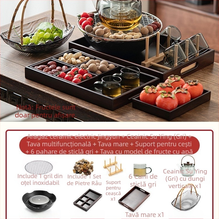 Set ceramic pentru ceai cu plită electrică pentru uz casnic — glazură Celadon, funcție de fierbere, include ceainic și accesorii pentru ceai, ambalaj cadou, pachet de 6