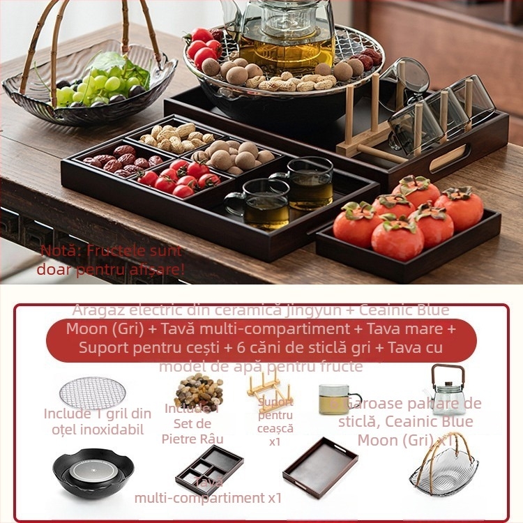 Set ceramic pentru ceai cu plită electrică pentru uz casnic — glazură Celadon, funcție de fierbere, include ceainic și accesorii pentru ceai, ambalaj cadou, pachet de 6