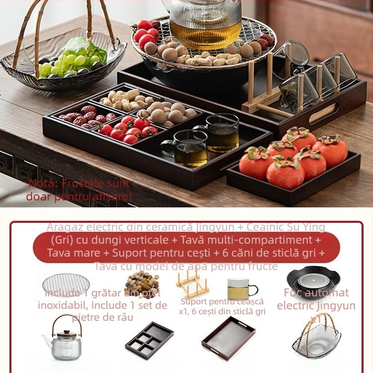 Set ceramic pentru ceai cu plită electrică pentru uz casnic — glazură Celadon, funcție de fierbere, include ceainic și accesorii pentru ceai, ambalaj cadou, pachet de 6