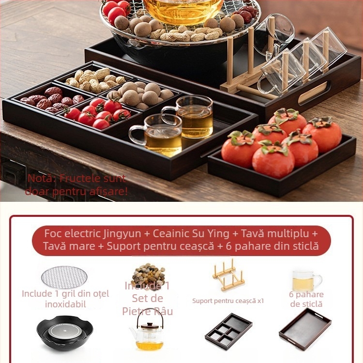 Set ceramic pentru ceai cu plită electrică pentru uz casnic — glazură Celadon, funcție de fierbere, include ceainic și accesorii pentru ceai, ambalaj cadou, pachet de 6