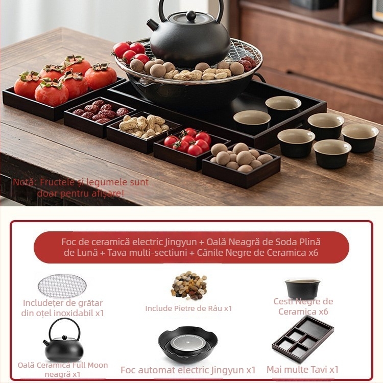 Set ceramic pentru ceai cu plită electrică pentru uz casnic — glazură Celadon, funcție de fierbere, include ceainic și accesorii pentru ceai, ambalaj cadou, pachet de 6