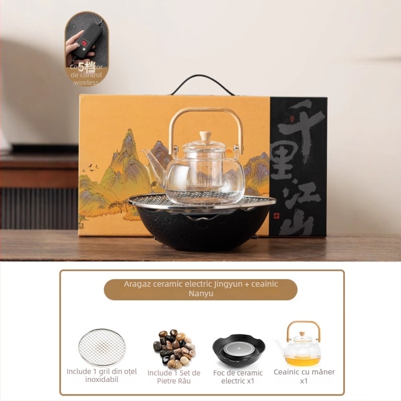 Set ceramic pentru ceai cu plită electrică pentru uz casnic — glazură Celadon, funcție de fierbere, include ceainic și accesorii pentru ceai, ambalaj cadou, pachet de 6