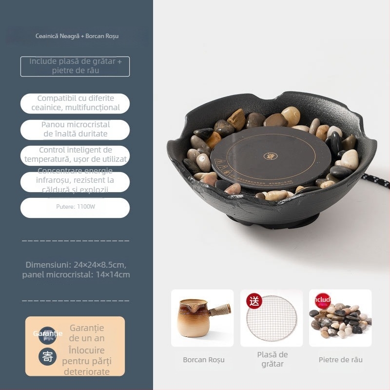 Set ceramic pentru ceai cu plită electrică pentru uz casnic — glazură Celadon, funcție de fierbere, include ceainic și accesorii pentru ceai, ambalaj cadou, pachet de 6