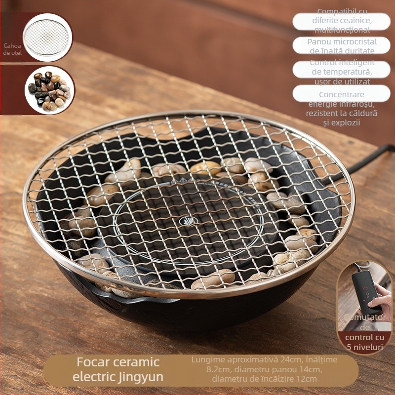 Set ceramic pentru ceai cu plită electrică pentru uz casnic — glazură Celadon, funcție de fierbere, include ceainic și accesorii pentru ceai, ambalaj cadou, pachet de 6