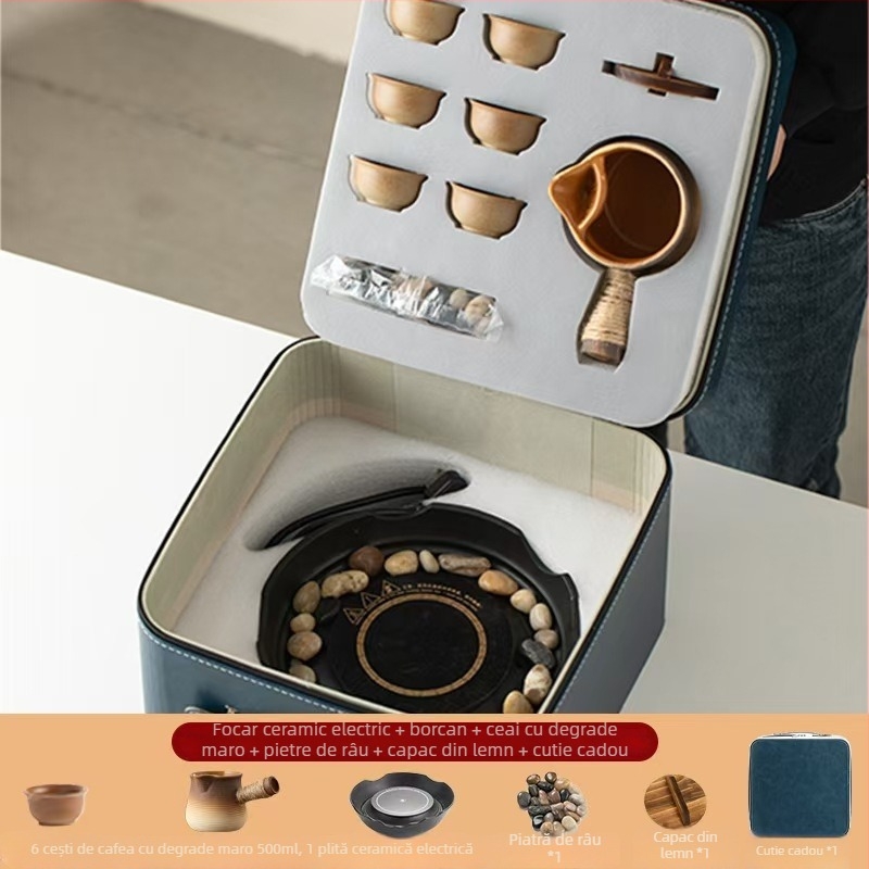 Set ceramic pentru ceai cu plită electrică pentru uz casnic — glazură Celadon, funcție de fierbere, include ceainic și accesorii pentru ceai, ambalaj cadou, pachet de 6