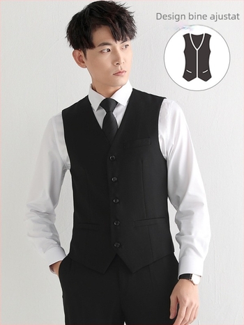 Vestă Slim pentru bărbați – închidere cu nasturi pe un rând, fără guler, poliester cu căptușeală poliester, buzunare multiple, stil de afaceri ușor