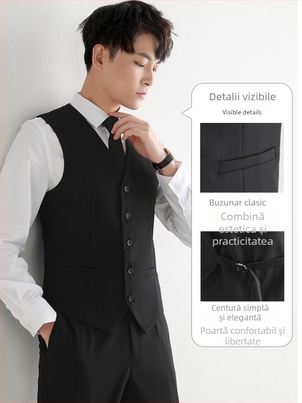 Vestă Slim pentru bărbați – închidere cu nasturi pe un rând, fără guler, poliester cu căptușeală poliester, buzunare multiple, stil de afaceri ușor