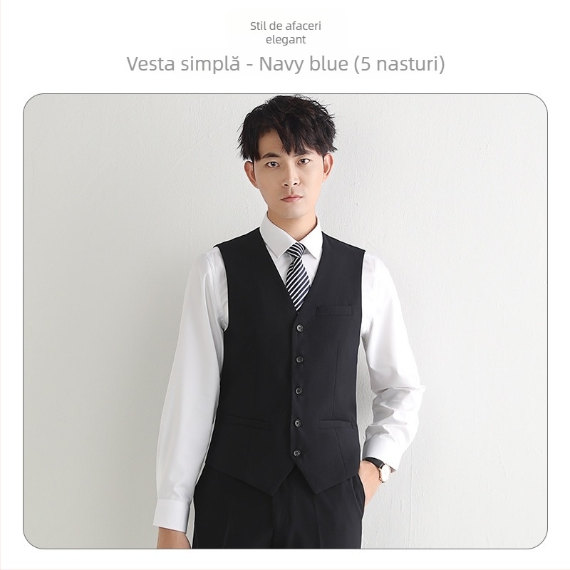 Vestă Slim pentru bărbați – închidere cu nasturi pe un rând, fără guler, poliester cu căptușeală poliester, buzunare multiple, stil de afaceri ușor