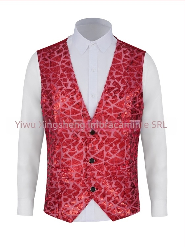 Vesta pentru bărbați cu paiete, decolteu în V, nasturi simpli, poliester, patru anotimpuri, stil retro casual