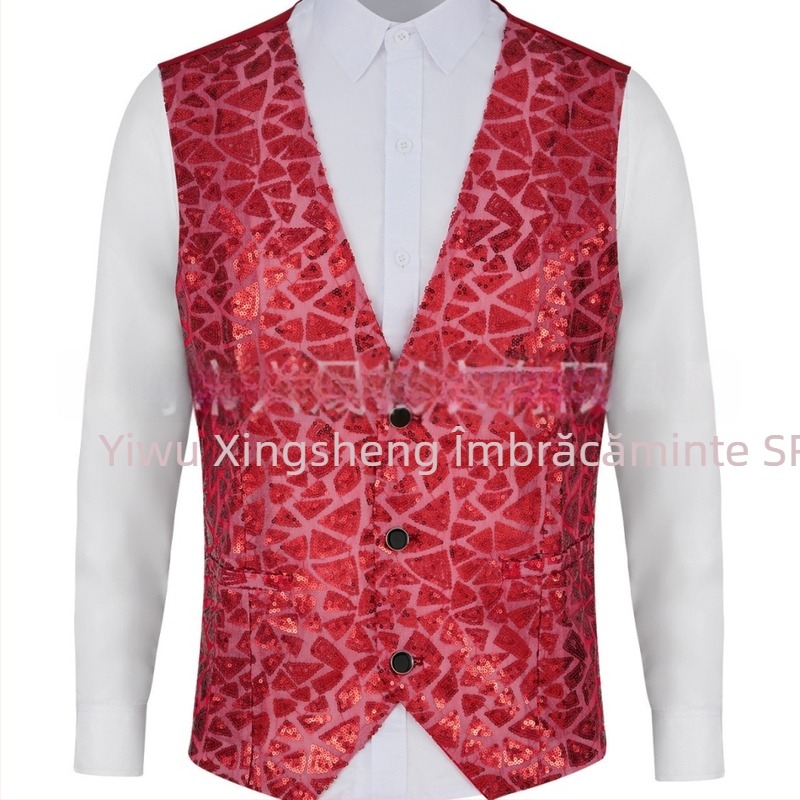 Vesta pentru bărbați cu paiete, decolteu în V, nasturi simpli, poliester, patru anotimpuri, stil retro casual