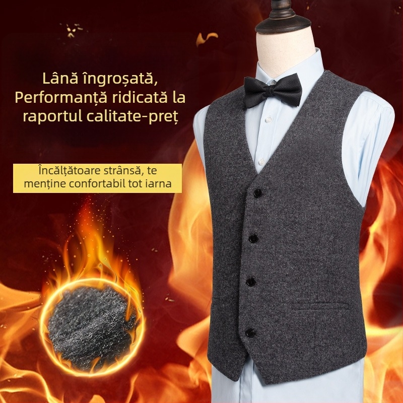 Vesta de costum din lână pentru bărbați, decolteu în V, nasturi pe un rând, 57,5% lână, croială dreaptă, pentru iarnă