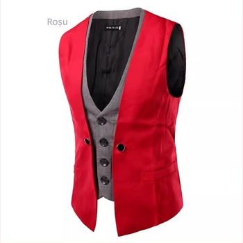 Vesta de bărbați, slim-fit, pentru primăvară-toamnă, guler în V, închidere cu nasturi pe un rând, material bumbac-poliester, căptușeală poliester, stil leisure