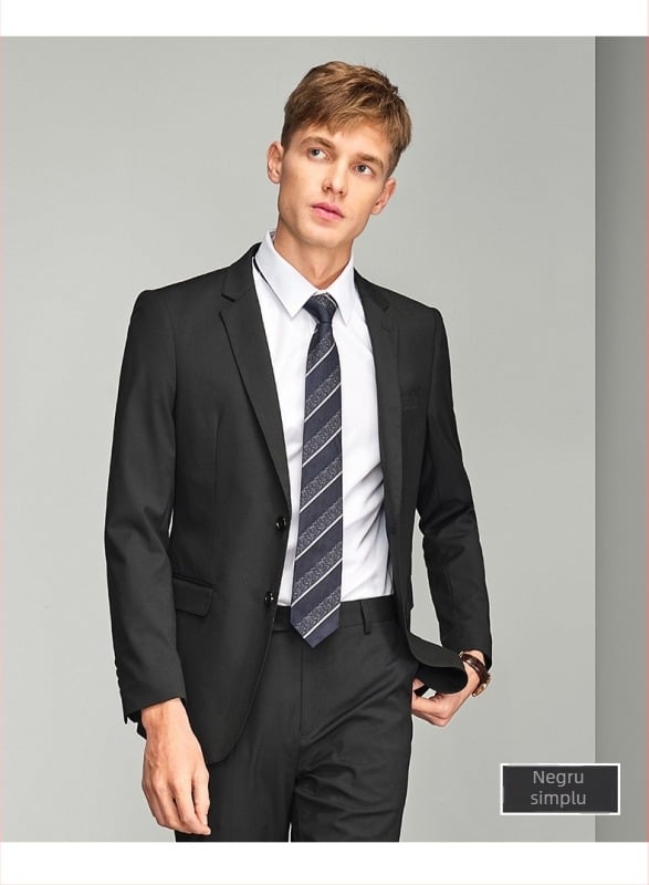 Costum bărbătească, stil de afaceri, croială Slim, guler îngust (<7 cm), închiderea cu nasturi pe un rând, material principal 67.2% poliester, 30.5% vâscoză, 2.3% elastan, tratament anti-călcare