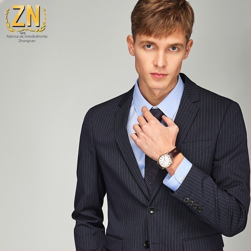 Sacou bărbătește cu dungi, Slim-fit, non-iron, amestec poliester-viscoză-elastan (70/28/2), guler plat, închidere cu două nasturi pe un singur rând