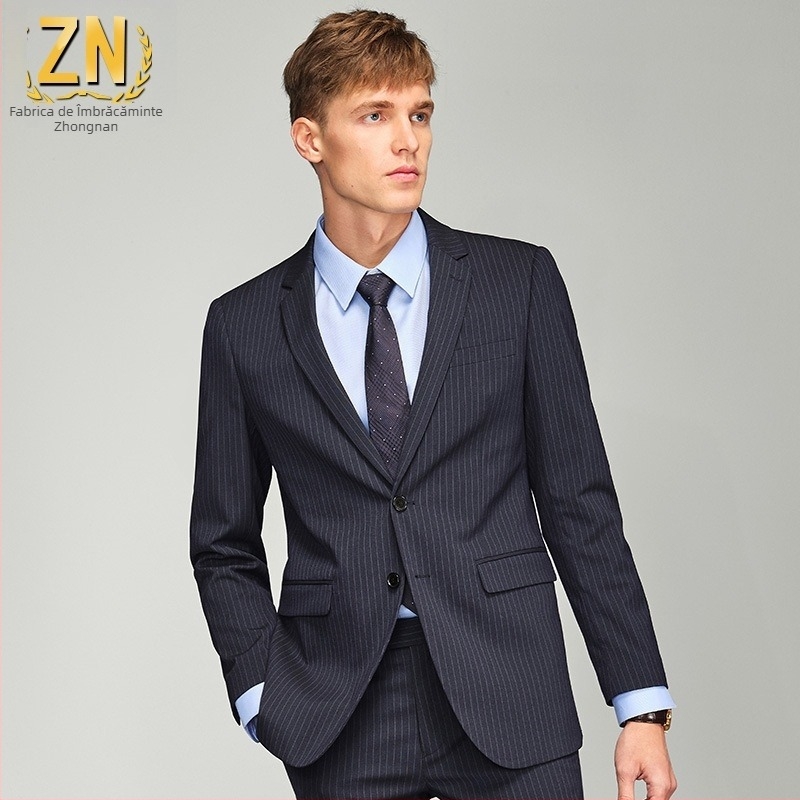 Sacou bărbătește cu dungi, Slim-fit, non-iron, amestec poliester-viscoză-elastan (70/28/2), guler plat, închidere cu două nasturi pe un singur rând