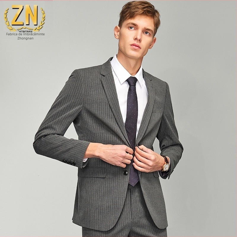 Sacou bărbătește cu dungi, Slim-fit, non-iron, amestec poliester-viscoză-elastan (70/28/2), guler plat, închidere cu două nasturi pe un singur rând