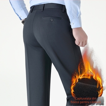 Pantaloni de iarnă pentru bărbați, căptușiți cu lână, talie înaltă, croială lejeră, cu nasturi.