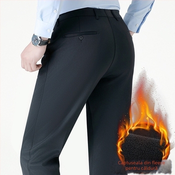 Pantaloni de iarnă pentru bărbați, căptușiți cu lână, talie înaltă, croială lejeră, cu nasturi.