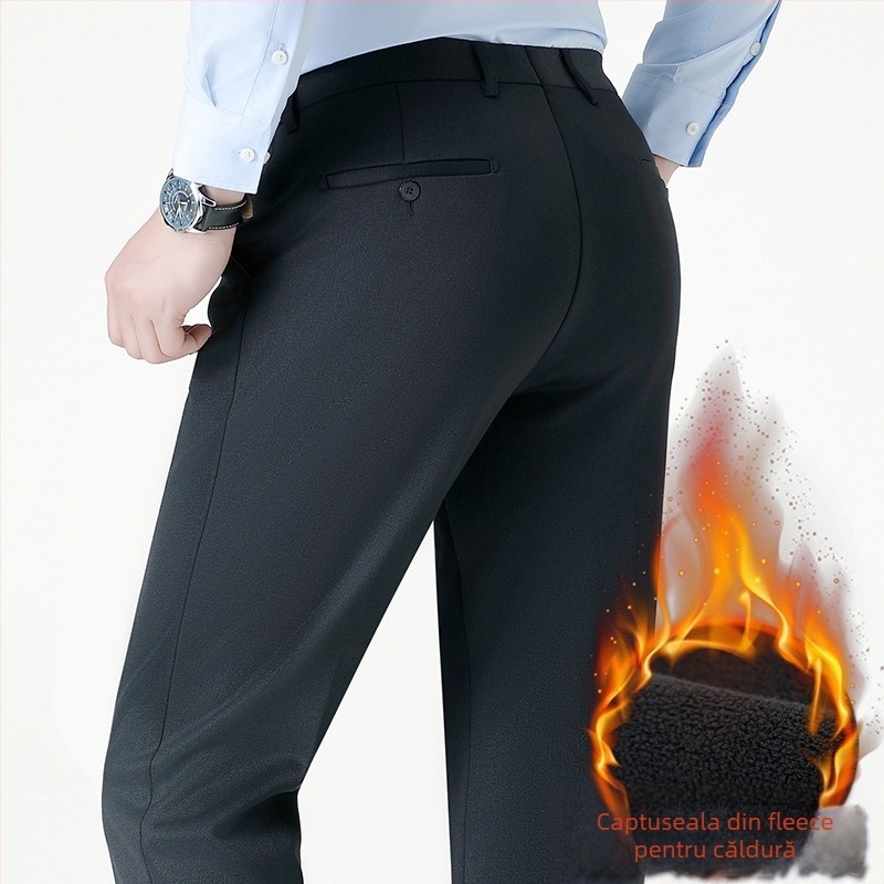 Pantaloni de iarnă pentru bărbați, căptușiți cu lână, talie înaltă, croială lejeră, cu nasturi.