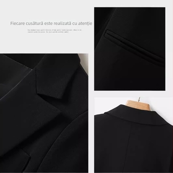 Blazer dama cu nasturi dubli; țesătură twill amestecată; 90-95% poliester și <30% spandex; guler sacou; mâneci lungi
