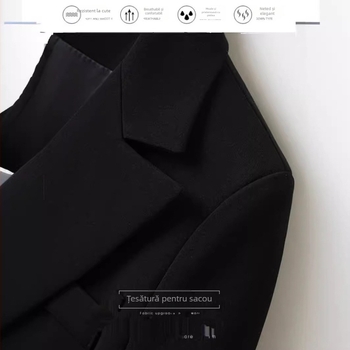 Blazer dama cu nasturi dubli; țesătură twill amestecată; 90-95% poliester și <30% spandex; guler sacou; mâneci lungi