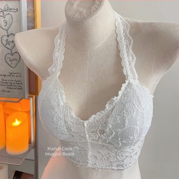 Sutien interior cu dantelă în stil halter, Slim Fit, din bumbac pentru femei adulte, microelasticitate, bretele non-detașabile, stil Japonez/Coreean (Primăvara 2025)