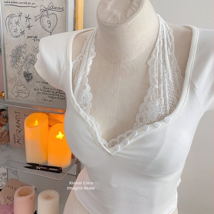 Sutien interior cu dantelă în stil halter, Slim Fit, din bumbac pentru femei adulte, microelasticitate, bretele non-detașabile, stil Japonez/Coreean (Primăvara 2025)