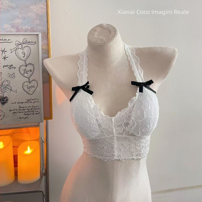 Sutien interior cu dantelă în stil halter, Slim Fit, din bumbac pentru femei adulte, microelasticitate, bretele non-detașabile, stil Japonez/Coreean (Primăvara 2025)