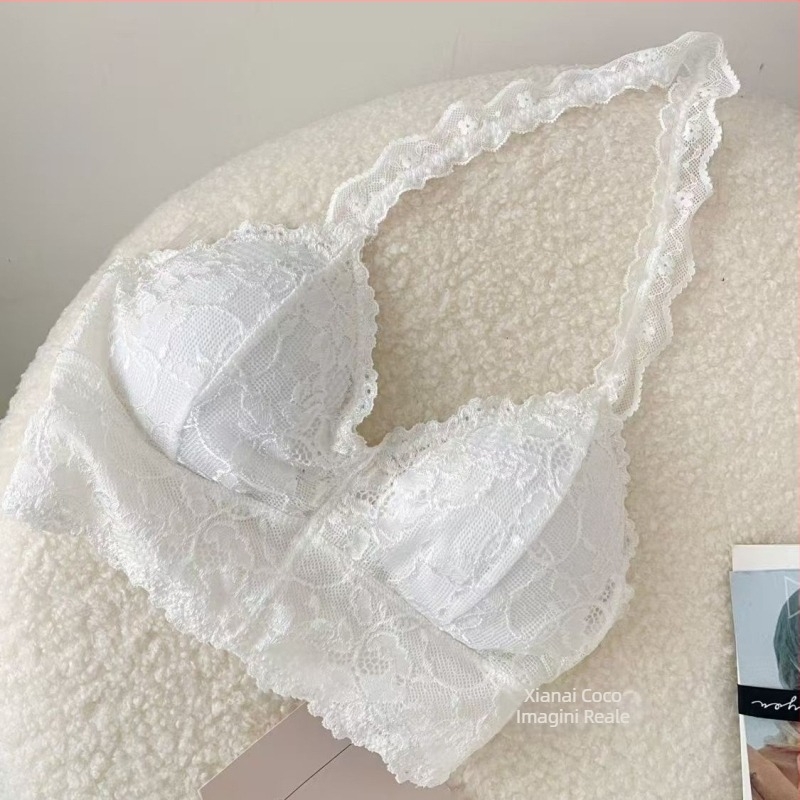 Sutien interior cu dantelă în stil halter, Slim Fit, din bumbac pentru femei adulte, microelasticitate, bretele non-detașabile, stil Japonez/Coreean (Primăvara 2025)