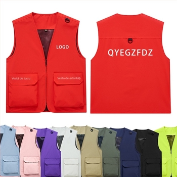 Vestă de lucru pentru bărbați cu buzunare multiple, rezistentă, croială lejeră, decolteu în V cu fermoar, stil cardigan; material principal: poliester; căptușeală: acetat; patru sezoane; logo personalizat