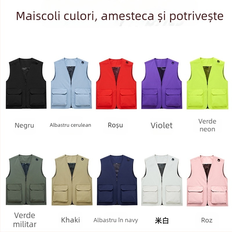 Vestă de lucru pentru bărbați cu buzunare multiple, rezistentă, croială lejeră, decolteu în V cu fermoar, stil cardigan; material principal: poliester; căptușeală: acetat; patru sezoane; logo personalizat