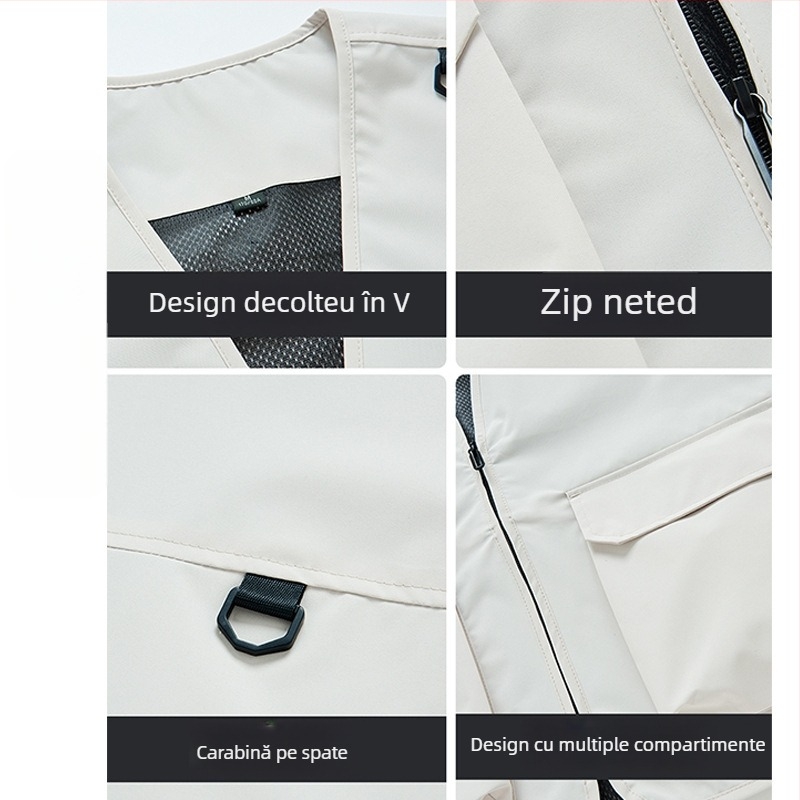 Vestă de lucru pentru bărbați cu buzunare multiple, rezistentă, croială lejeră, decolteu în V cu fermoar, stil cardigan; material principal: poliester; căptușeală: acetat; patru sezoane; logo personalizat