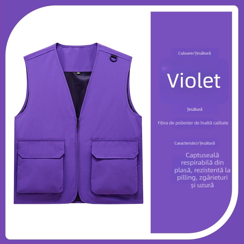 Vestă de lucru pentru bărbați cu buzunare multiple, rezistentă, croială lejeră, decolteu în V cu fermoar, stil cardigan; material principal: poliester; căptușeală: acetat; patru sezoane; logo personalizat